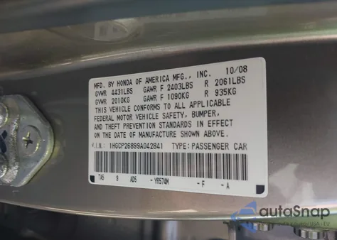 2009 Honda Accord 2.4 Ex-L из США, поврежденный, VIN 1HGCP26899A042841